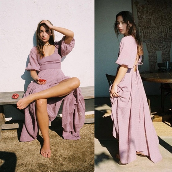 Free People Beachy Keen Purple Mauve Strappy Linen Cotton Whimsical Maxi Dress - Picture 1 of 16